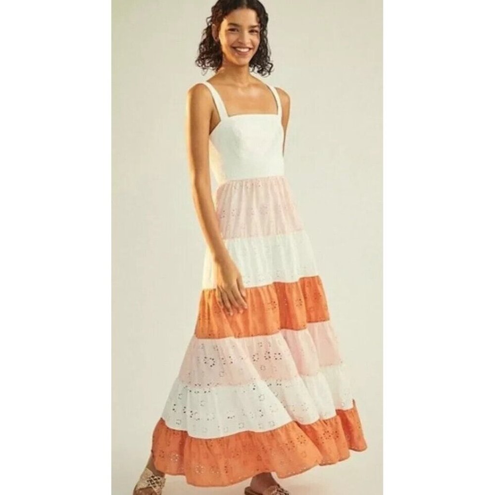 Hutch Anthropologie Alston Eyelet Maxi Dress Cutout Back Tiered Pink Combo Sz 10
